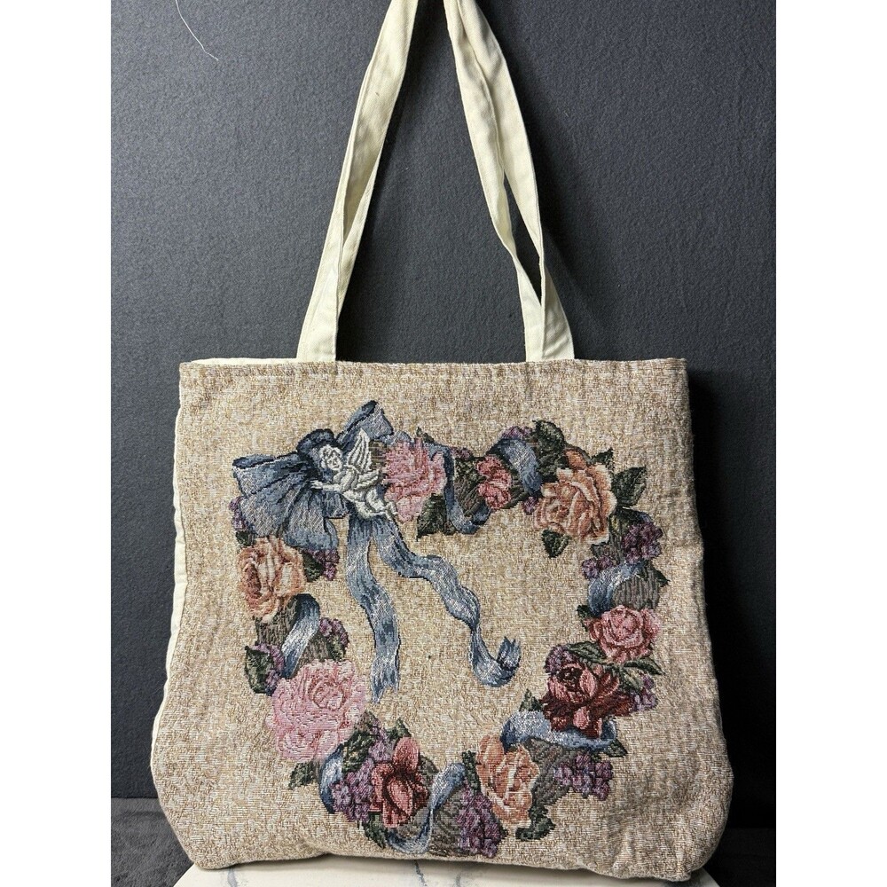 Vintage Riverdale Decorative Woven Tapestry Tote Bag Heart Angel Shoulder Purse